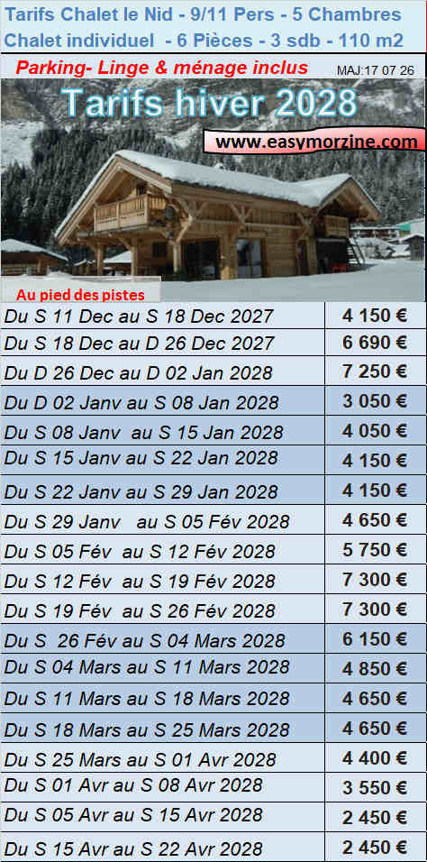 Tarif saison d'hiver 2028